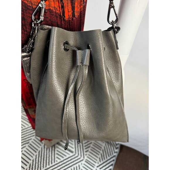 Neiman Marcus Gray Leather Look Drawstring Crossbody Bag Adjustable Strap - Picture 15 of 16